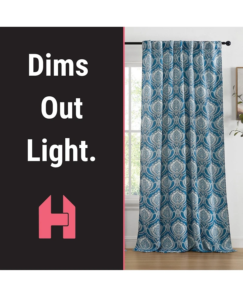 Hlc.me Messina Paisley Damask Patterned Back Tab Rod Pocket Curtains - Light Blocking Darkening Window Panels, Set of 2 (Blue, 52 W x 96 L)