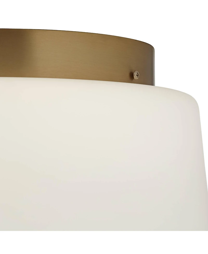 Buckley 13" Modern Flush-Mount Ceiling Light Fixture Kitchen Foyer Hallway Drum Round Warm Brass Finish White Glass Metal Bedroom Bathroom Entryw