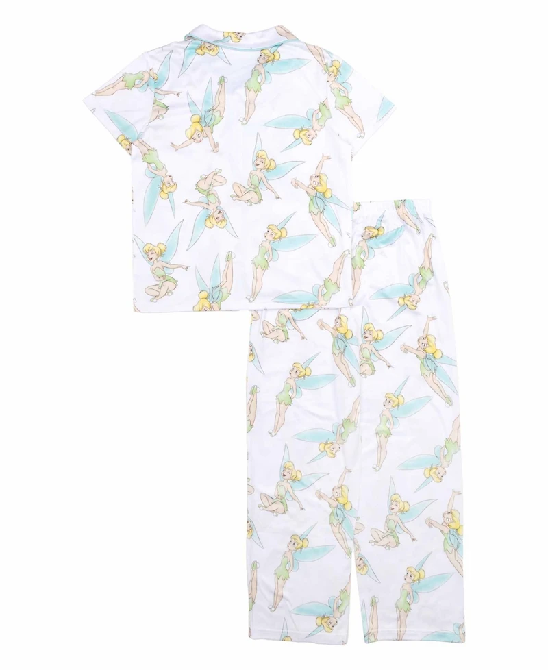 Tinkerbell Little and Big Girls Short Sleeve Button Down Sleep Shirt and Open Leg Pant, 2-Piece Pajama Set