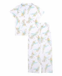Tinkerbell Little and Big Girls Short Sleeve Button Down Sleep Shirt and Open Leg Pant, 2-Piece Pajama Set