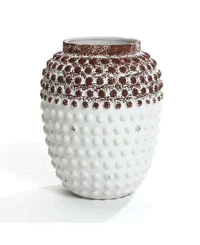LuxenHome Vintage White and Brown Beaded 12-Inch Tall Urn Vase