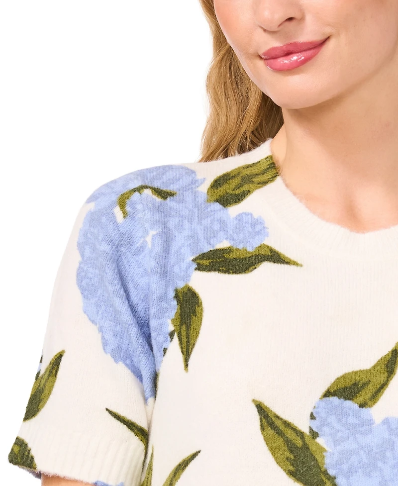 CeCe Women's Short-Sleeve Floral Crewneck Sweater