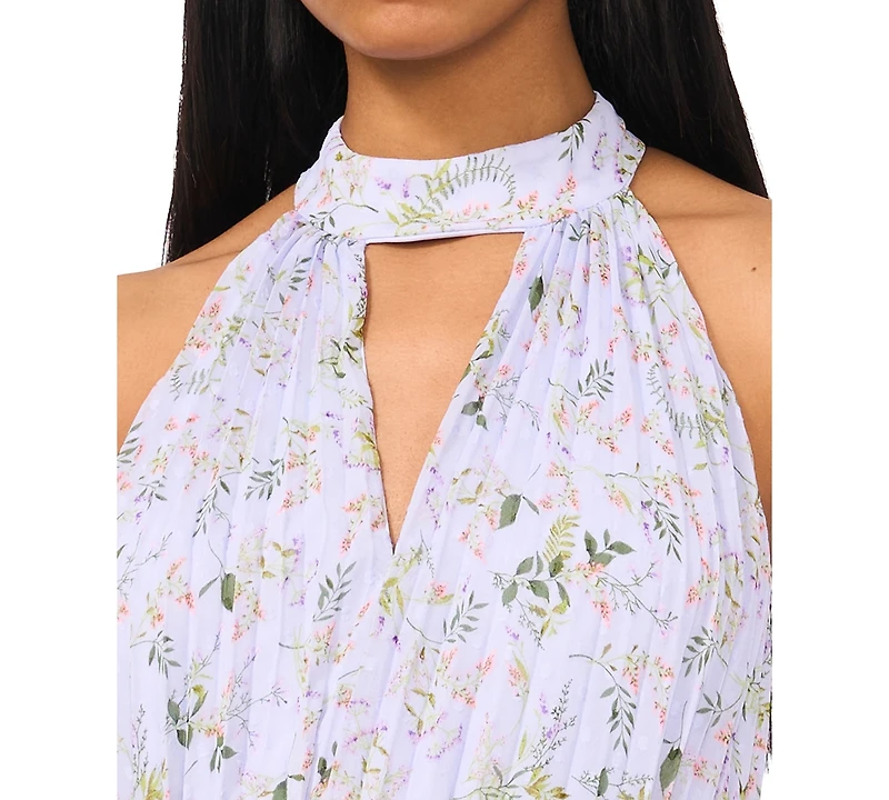 CeCe Women's Pleated Floral-Print Keyhole-Cutout Dress