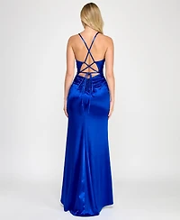 Crystal Doll Juniors' Sleeveless Lace-Up-Back Satin Gown