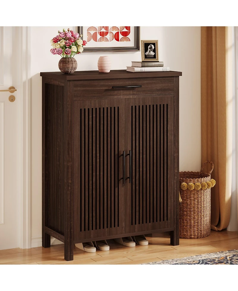 Tribesigns Shoe Cabinet, 5-Tier Shoe Storage Cabinet with Louvered Doors and Drawer, Freestanding Wooden Shoe Rack Organizer with Adjustable Shelves f