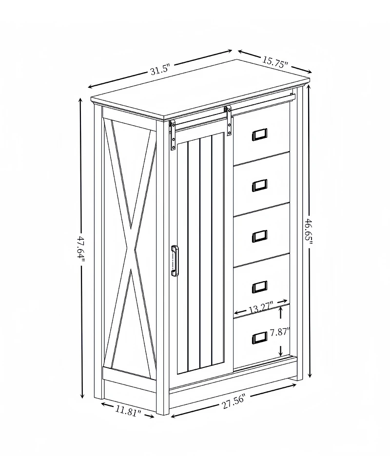 5 Drawers Dresser w/Sliding Barn Door, Farmhouse Modern Tall Chest of