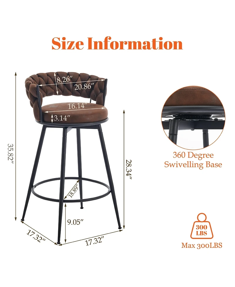 Dyhome 28 inch Bar Stools Set of 3, Modern Counter Height Stools, 360° Swivel Suede Fabric Stool Chairs with Woven Back and Footrest