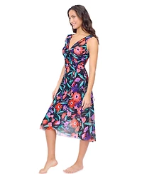 Profile by Gottex Women's Marguerite V Neck Asymmetrical Ruffle Midi Wrap Mesh Dress