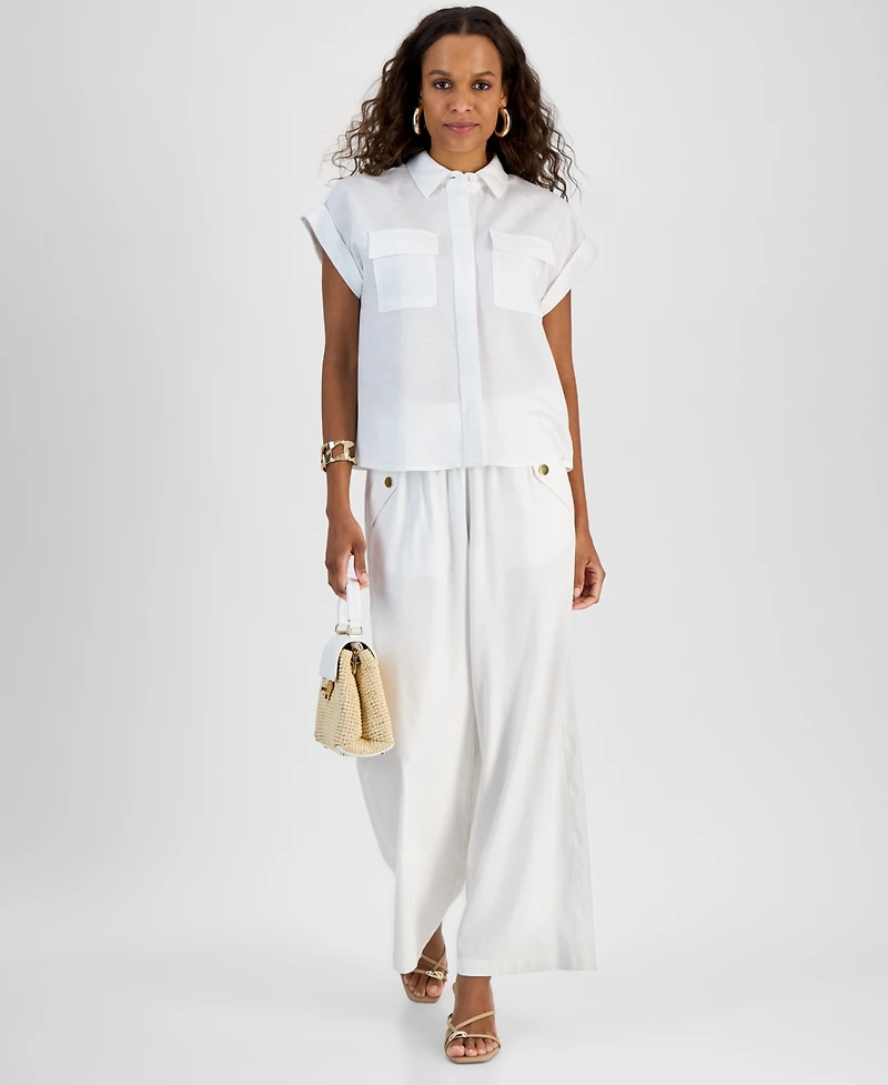 I.n.c. International Concepts Petite Linen-Blend Short-Sleeve Button-Front Shirt, Exclusively at Macy's