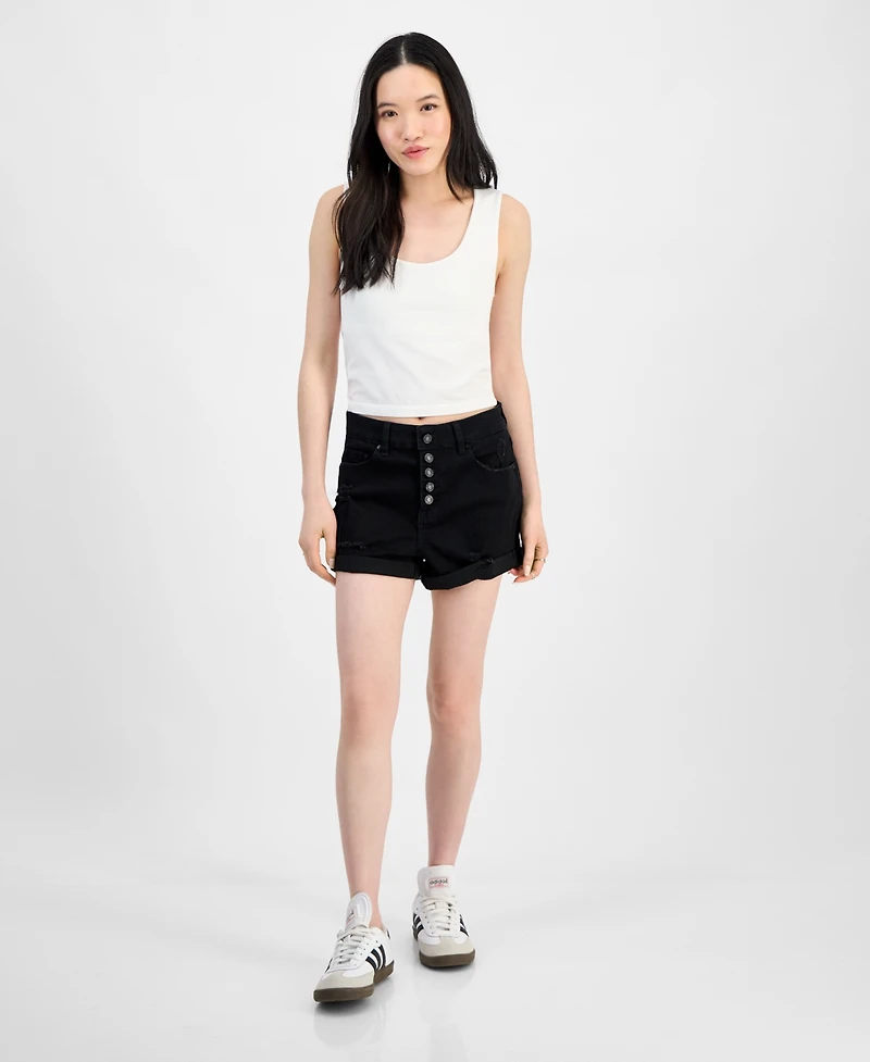 Indigo Rein Juniors' Exposed-Button High Rise Destructed Shorts