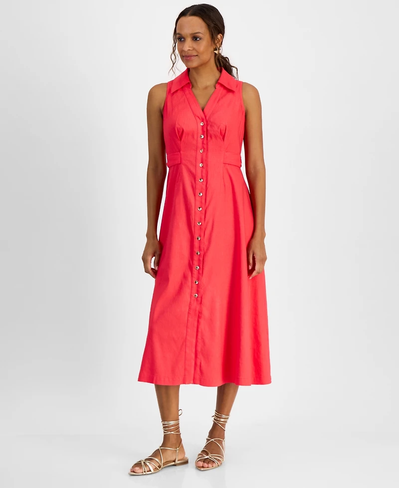 I.n.c. International Concepts Petite Belted Linen-Blend Sleeveless Shirtdress, Created for Macy's