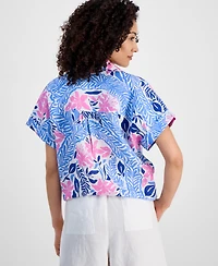 Charter Club Petite 100% Linen Floral-Print Tie-Front Shirt, Exclusively at Macy's