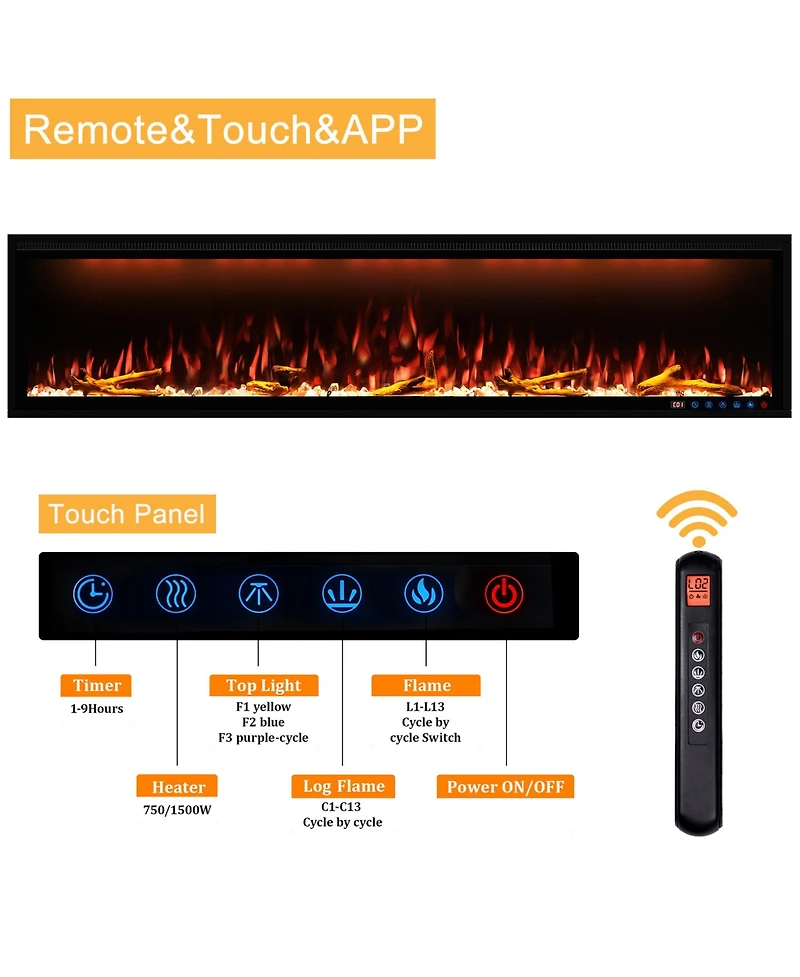 Smart 74" Wall-Mounted Electric Fireplace with Realistic Flame Effects, Dual Heating, and Alexa Compatibility