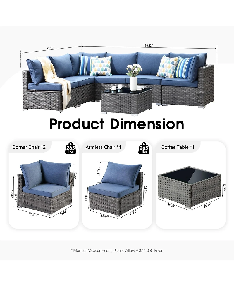 Xizzi 7-Piece Patio Furniture Outdoor Sofa Sets with New Wicker,Cushions and Coffee Table Suitable For patio, garden, backyard, yard balcony,Navy