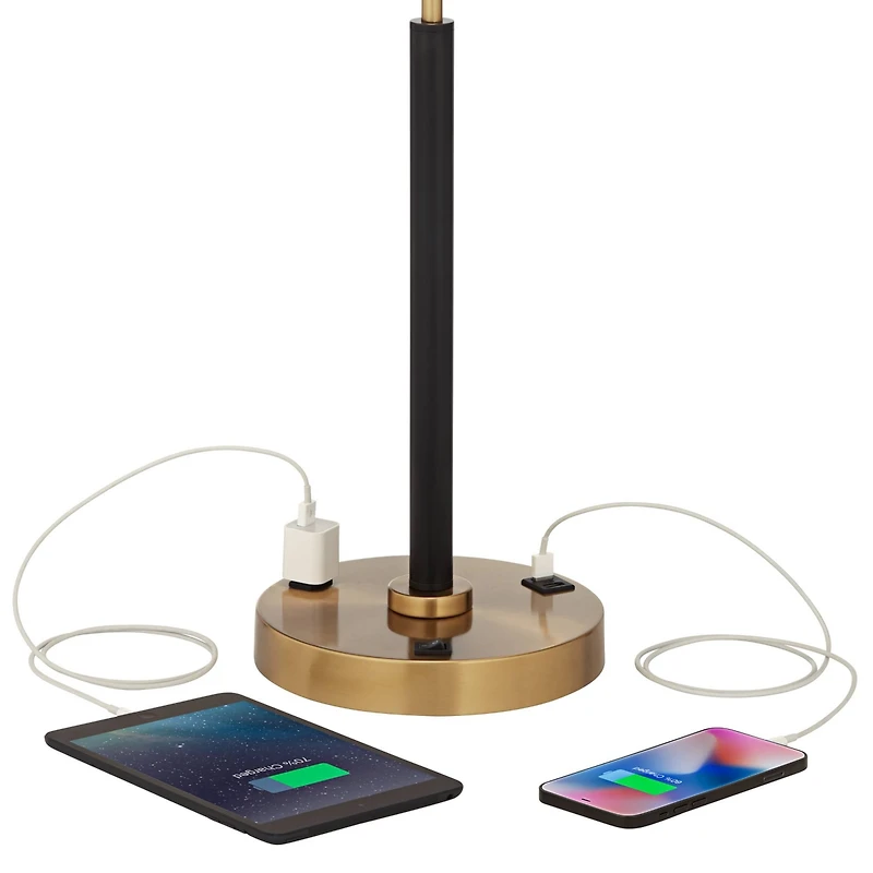 Possini Euro Design Carlyle Modern Mid Century Desk Lamp 30 1/2" Tall Gold with Usb and Ac Power Outlet in Base Double Drum Shades for Living Roo