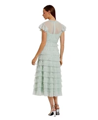 Mac Duggal Women's Solid Mesh Dot Micro Ruffle High Neck Midi Dress