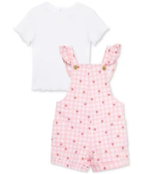 Little Me Baby Girls 2-Pc. T-Shirt & Strawberry Check Shortall Set