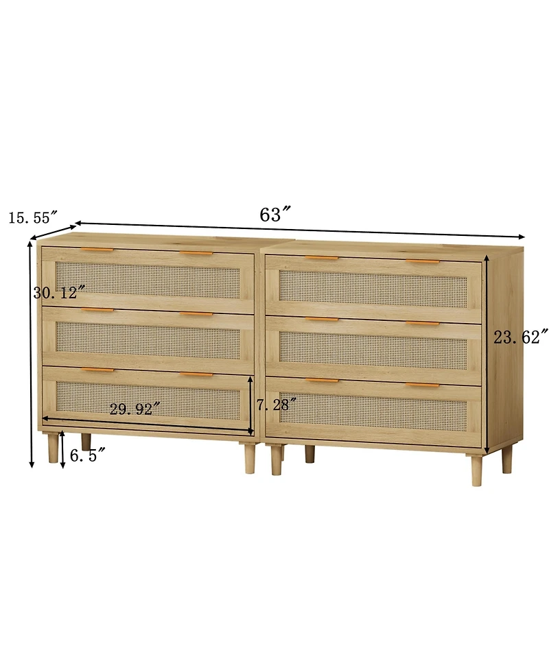 31.50"3-Drawers Rattan Storage Cabinet Rattan Drawer (Set of 2),for Bedroom,Living Room,Dining Room,Hallways,Oak