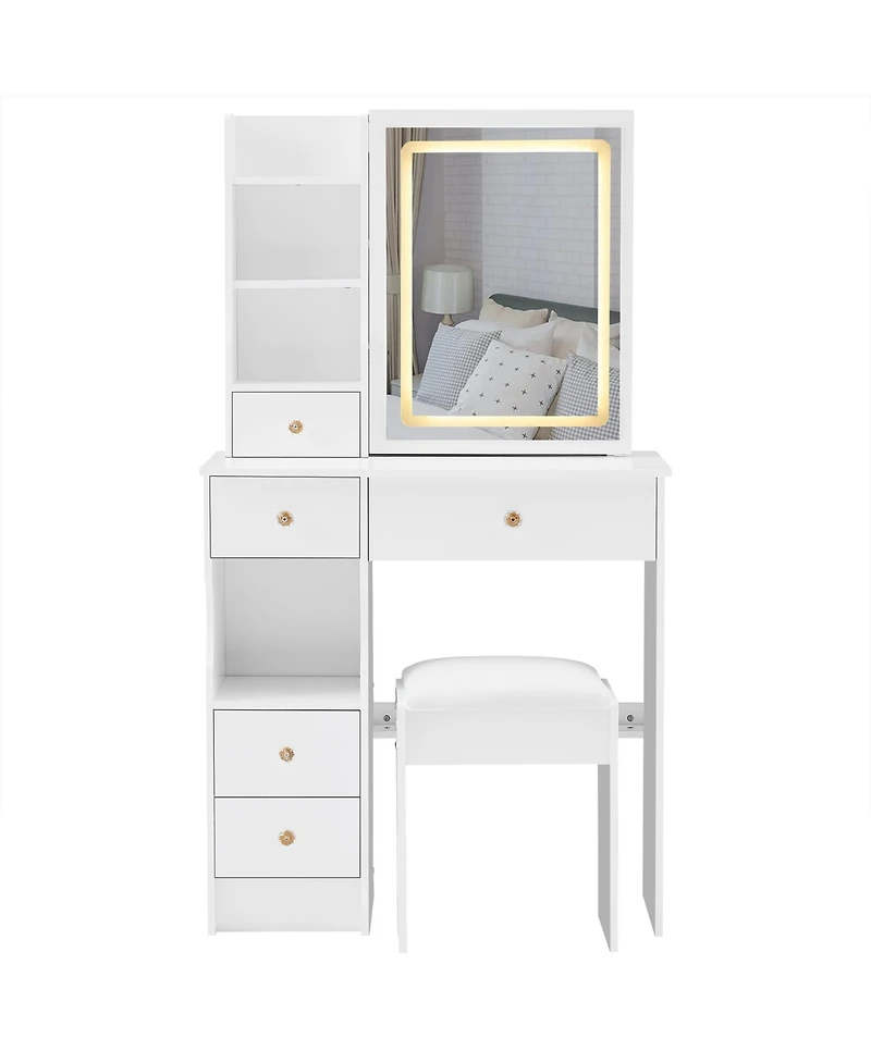 50.40"Small Size Left Drawer Desktop Vanity Table + Cushioned Stool, Touch Control Sliding Led Mirror, Tri-color Switching,White