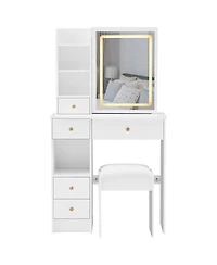 50.40"Small Size Left Drawer Desktop Vanity Table + Cushioned Stool, Touch Control Sliding Led Mirror, Tri-color Switching,White