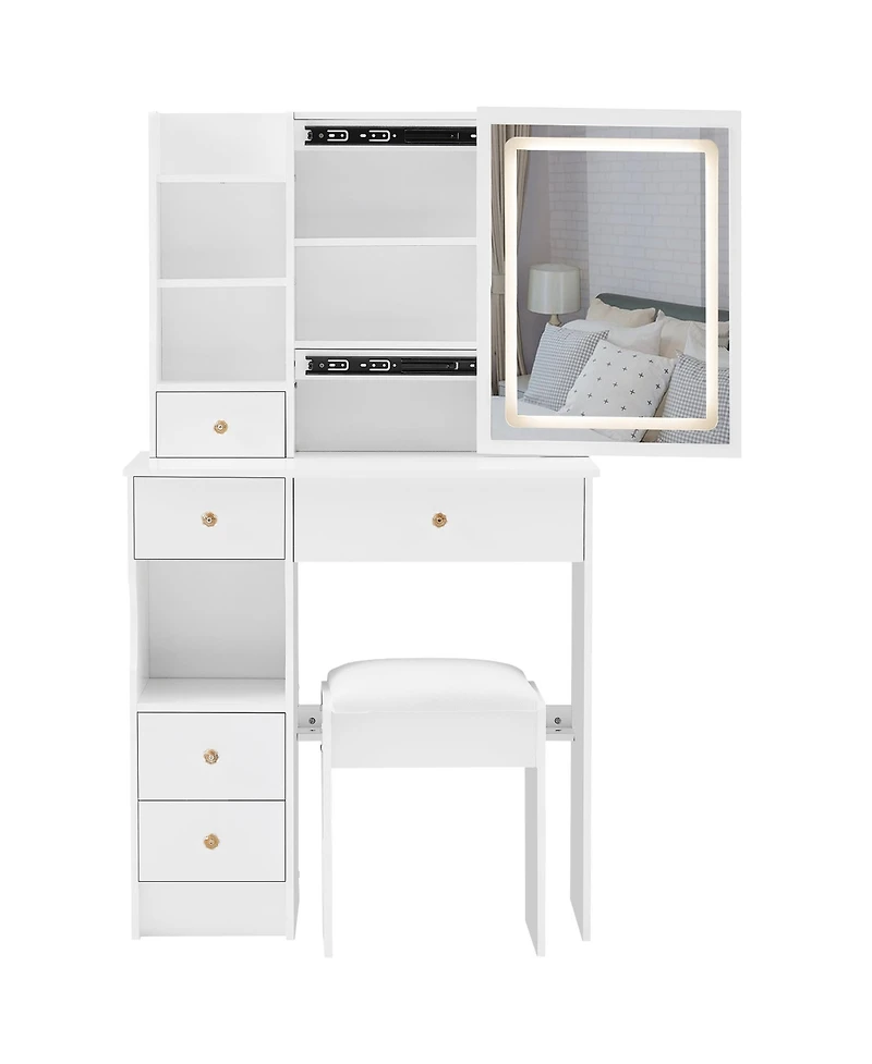 50.40"Small Size Left Drawer Desktop Vanity Table + Cushioned Stool, Touch Control Sliding Led Mirror, Tri-color Switching,White