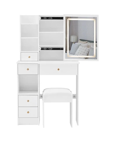 50.40"Small Size Left Drawer Desktop Vanity Table + Cushioned Stool, Touch Control Sliding Led Mirror, Tri-color Switching,White