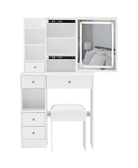 50.40"Small Size Left Drawer Desktop Vanity Table + Cushioned Stool, Touch Control Sliding Led Mirror, Tri-color Switching,White