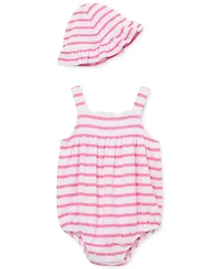 Little Me Baby Girls 2-Pc. Stripe Terry Bubble Romper & Bucket Hat Set