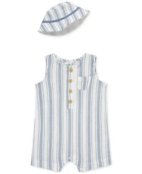 Little Me Baby Boys 2-Pc. Gauze Stripe Romper & Bucket Hat Set