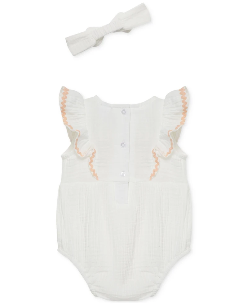 Little Me Baby Girls 2-Pc. Gauze Embroidered Flowers Bubble Romper & Headband Set