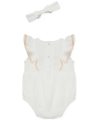 Little Me Baby Girls 2-Pc. Gauze Embroidered Flowers Bubble Romper & Headband Set