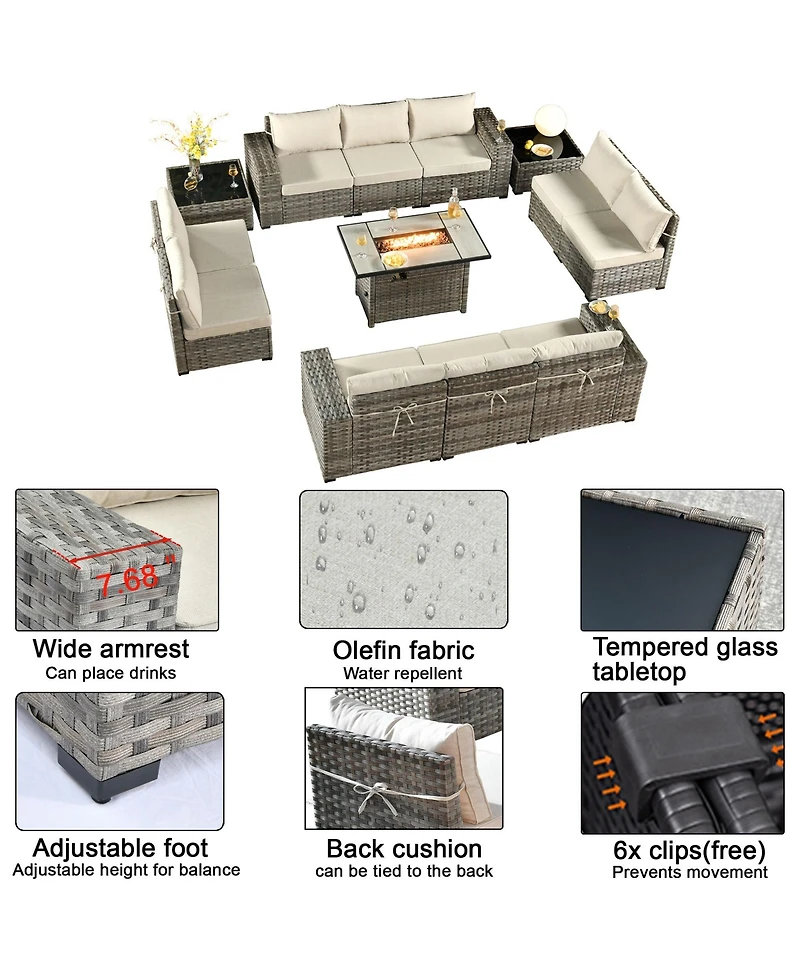 Xizzi 13 Pieces Patio Furniture Set,Outdoor Sectional Sofa Couch Set,Modern Conversation Set with Rectangular Fire Pit Table,Wide Armrests and D