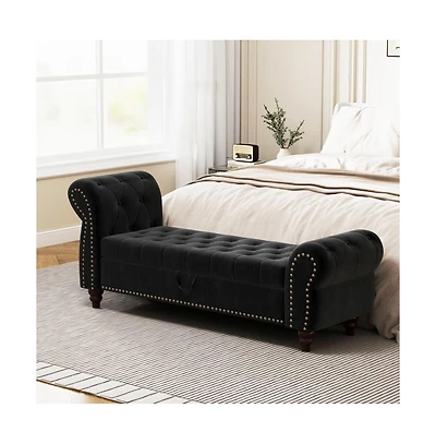 64.5 Inch Velvet Upholstered Storage Bench, Tufted Bed Bench with Nailhead Trim for Bedroom-The Pop Home