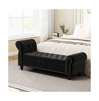 64.5 Inch Velvet Upholstered Storage Bench, Tufted Bed Bench with Nailhead Trim for Bedroom-The Pop Home