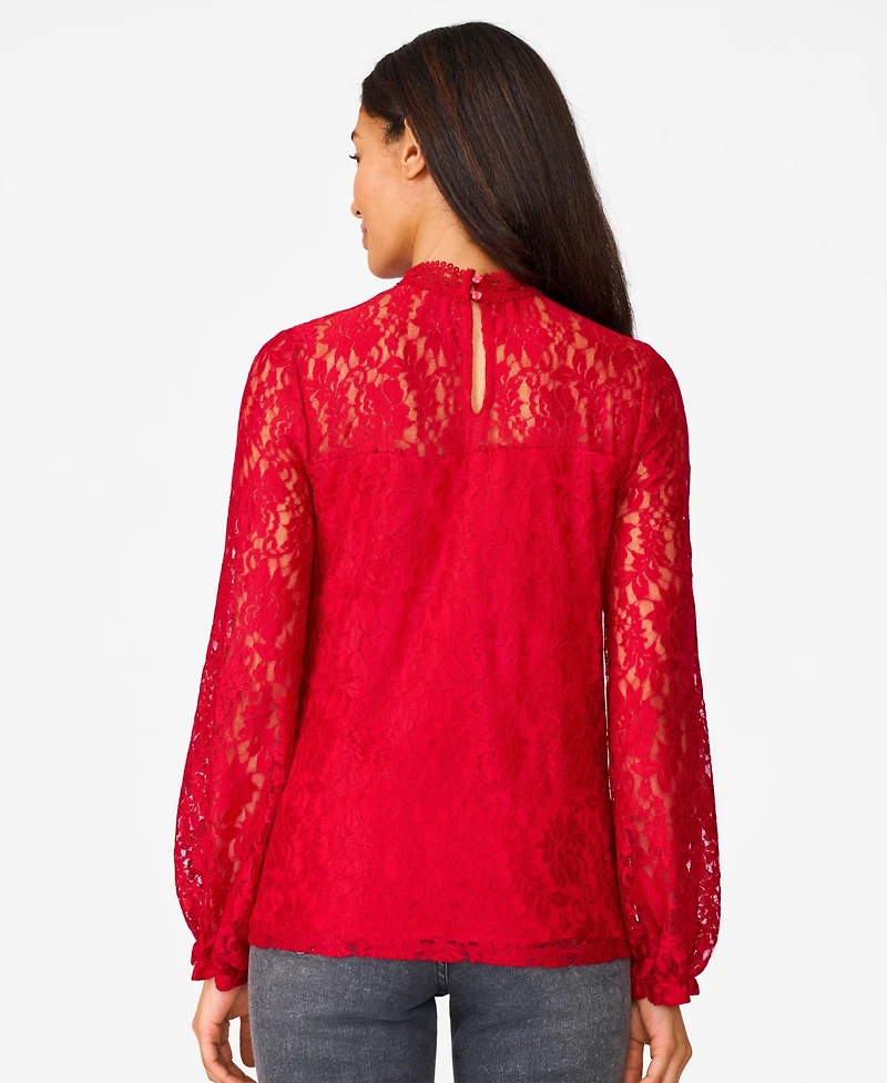 Cable & Gauge Women's Lace Trim Mock Neck Top