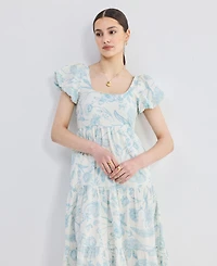 Reistor Women's Puff Sleeve Tiered Midi Dress Blue Florals