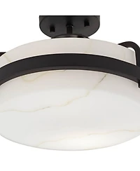 Bregman 13" Modern Semi Flush-Mount Ceiling Light Fixture Kitchen Foyer Hallway Drum Round Black Finish White Stone Glass Metal Bedroom Bathroom