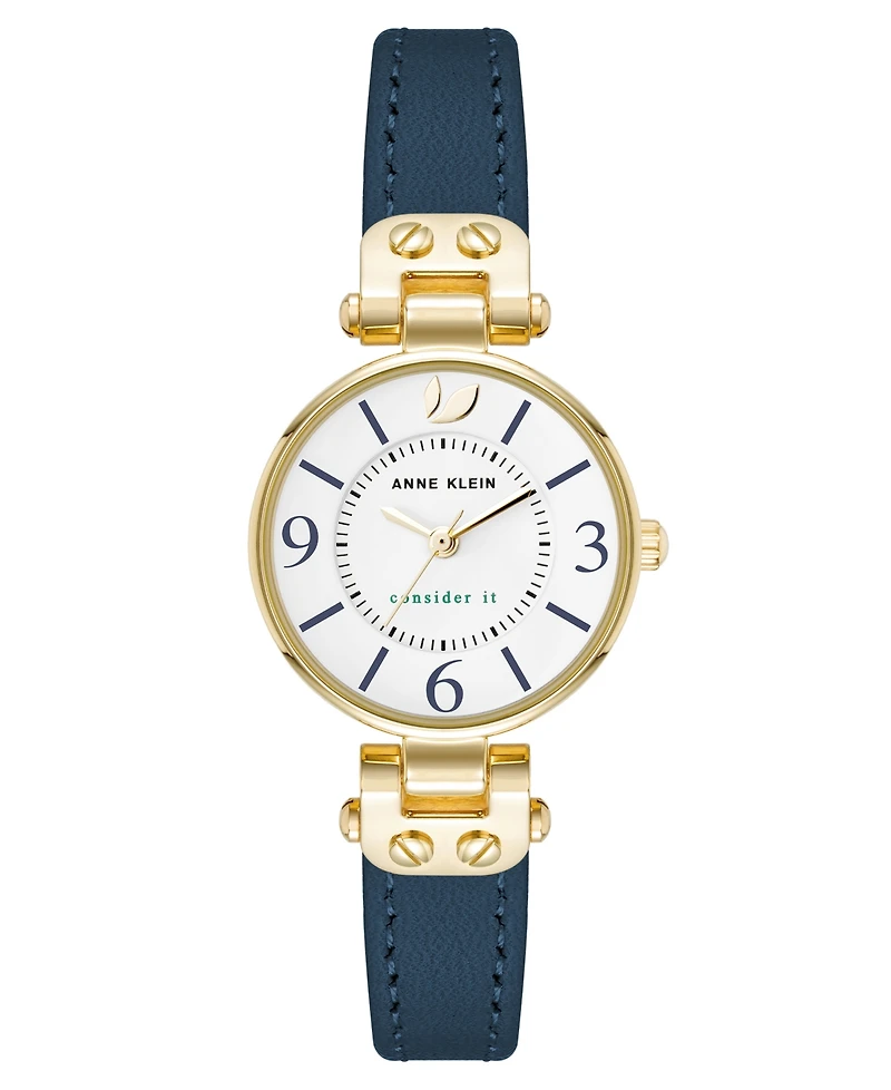 Anne Klein Women's Quartz Blue Leather and Gold-Tone Metal Alloy Strap Watch, 26mm