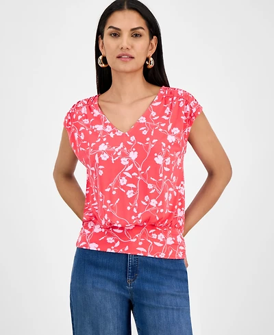 I.n.c. International Concepts Women's Printed Ruched Cap-Sleeve Top, Exclusively at Macy's