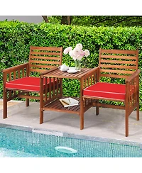 Gymax Patio Outdoor Conversation Set Acacia Wood Loveseat w/ Cushion Table