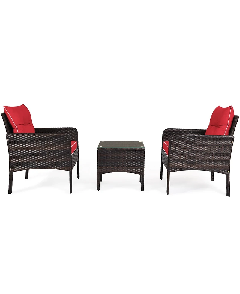 Gymax 3PCS Outdoor Patio Rattan Furniture Set w/ Coffee Table Cushion