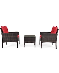 Gymax 3PCS Outdoor Patio Rattan Furniture Set w/ Coffee Table Cushion