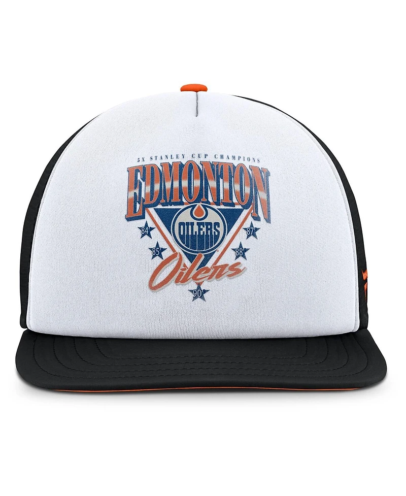 Fanatics Men's White/Black Edmonton Oilers Decades Collection Foam Front Snapback Hat