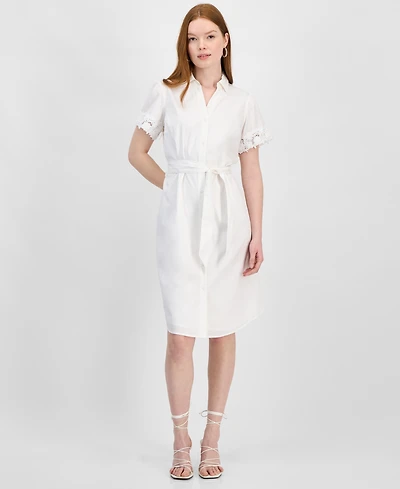 T Tahari Women's Lace-Trim Short-Sleeve Shirtdress