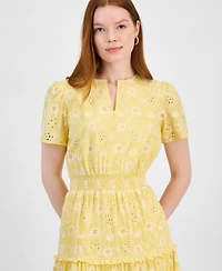 T Tahari Women's Cotton Eyelet Tiered Midi Dress