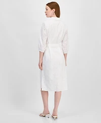 T Tahari Women's Embroidered Eyelet Belted Shirtdress