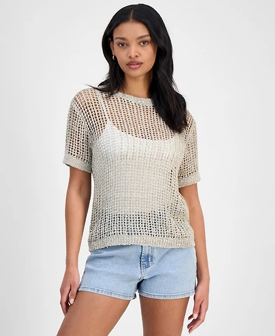 Bar Iii Women's Short-Sleeve Metallic Crochet Sweater, Exclusively at Macy's