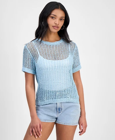 Bar Iii Women's Short-Sleeve Metallic Crochet Sweater, Exclusively at Macy's