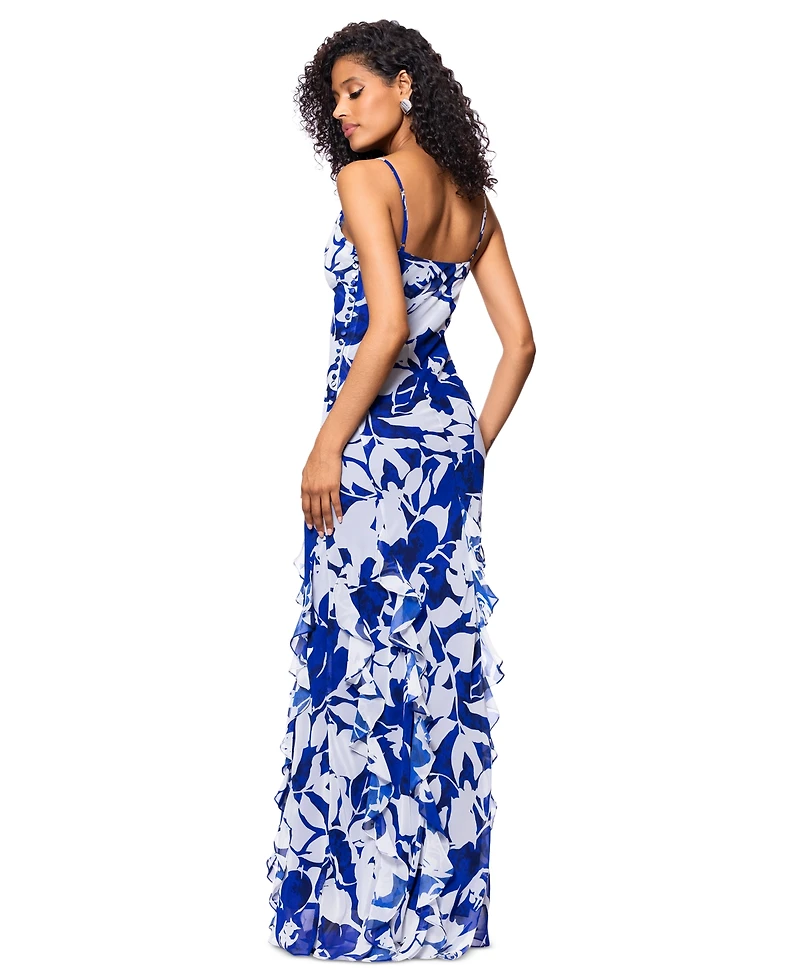Betsy & Adam Women's Cowlneck Button-Trim Ruffled Gown