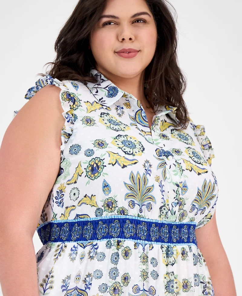 Anne Klein Plus Printed Smocked-Waist Patio Shirtdress